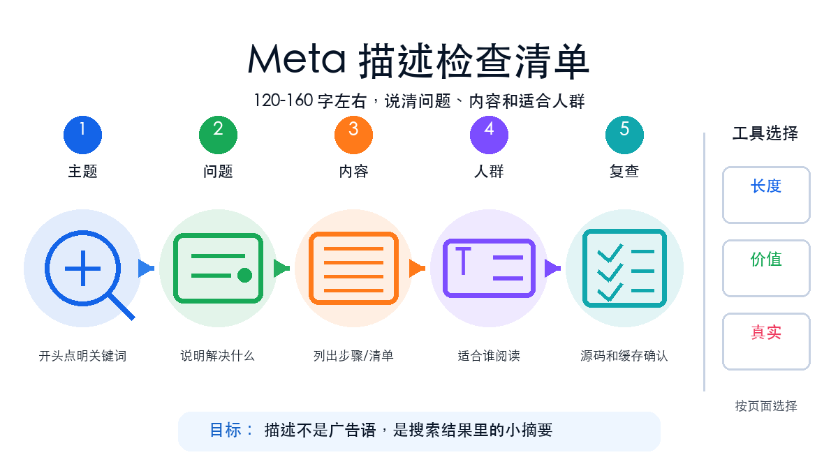 Meta 描述检查清单图，展示长度、关键词、适合人群、点击理由和缓存复查