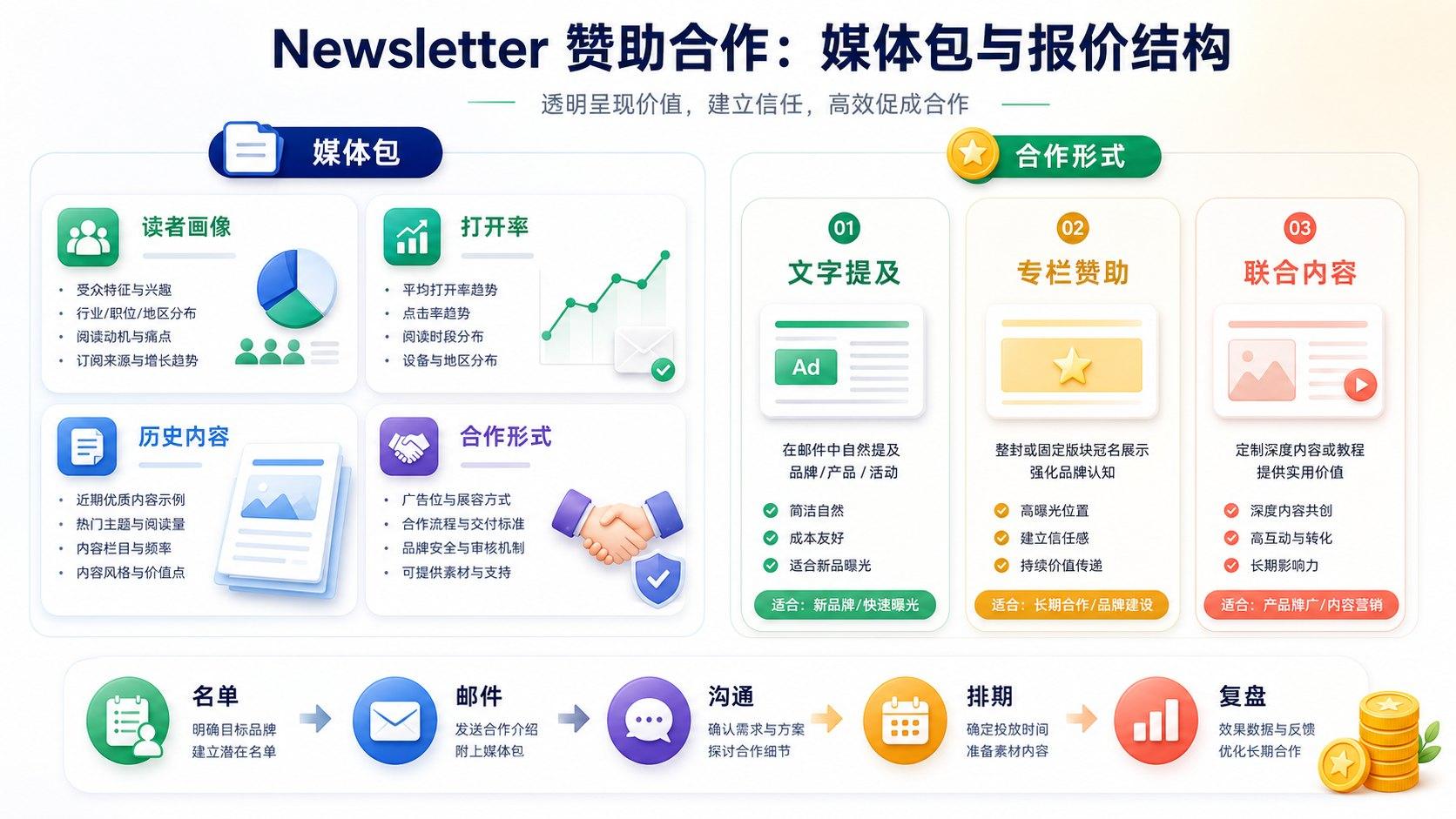 Newsletter 赞助合作的媒体包和合作形式示意图