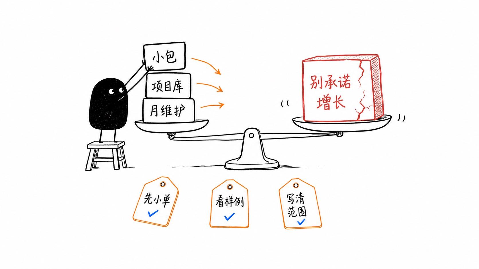 小黑把小包、项目库和月维护放上秤，同时避开别承诺增长的风险块