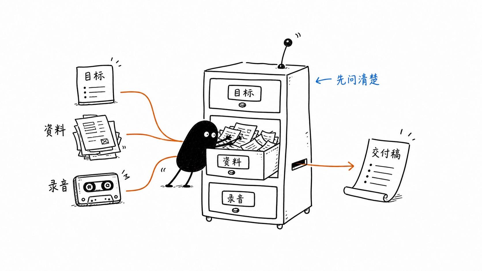 小黑把目标、资料和录音塞进抽屉柜，输出会议纪要交付稿