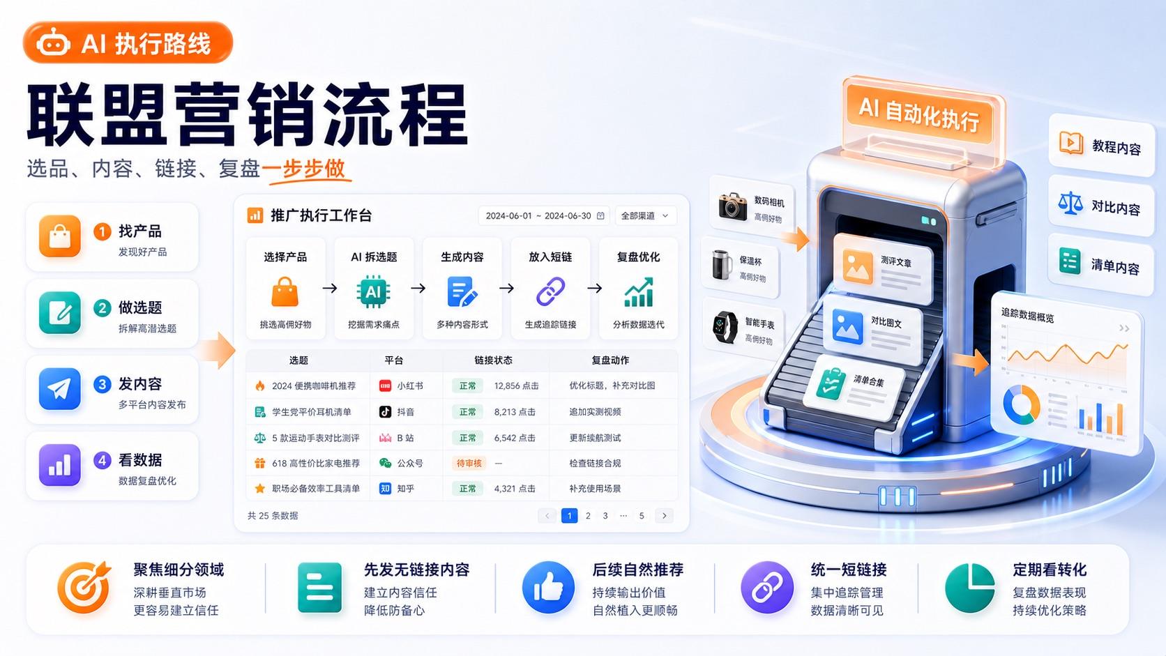 AI 联盟营销执行流程，从找产品、做选题到发内容和看数据