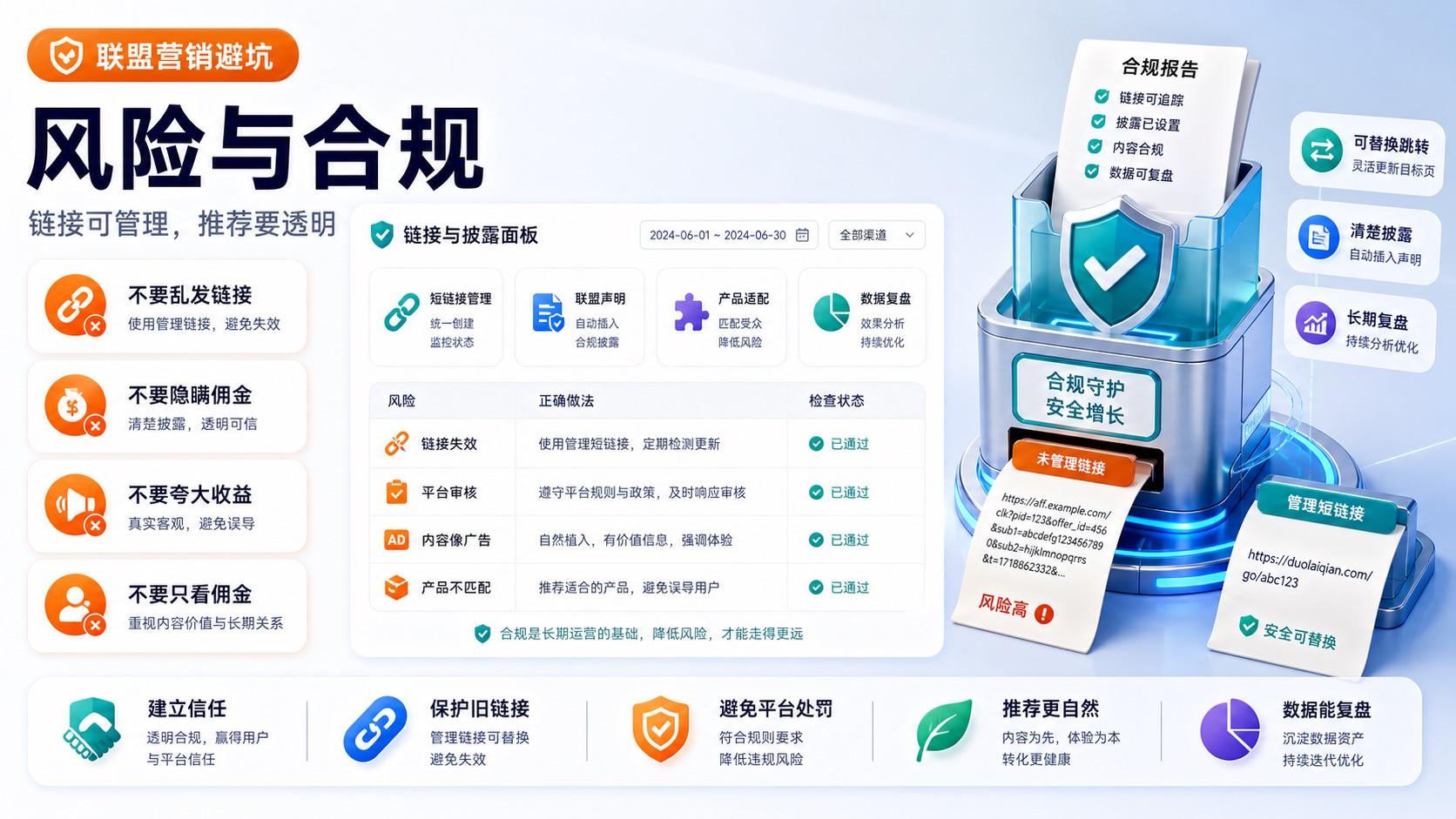 AI 联盟营销风险与合规图，说明链接管理、佣金披露和数据复盘