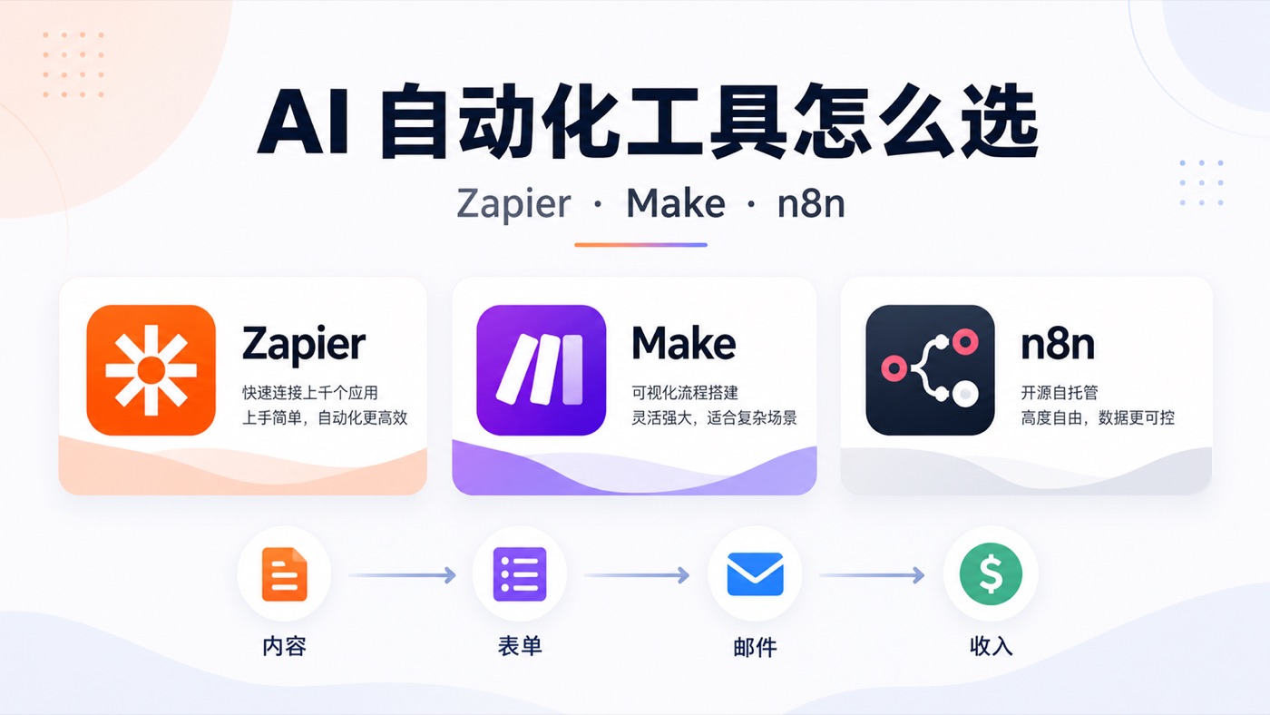 Zapier、Make、n8n 怎么选：普通人做 AI 自动化副业该用哪个？