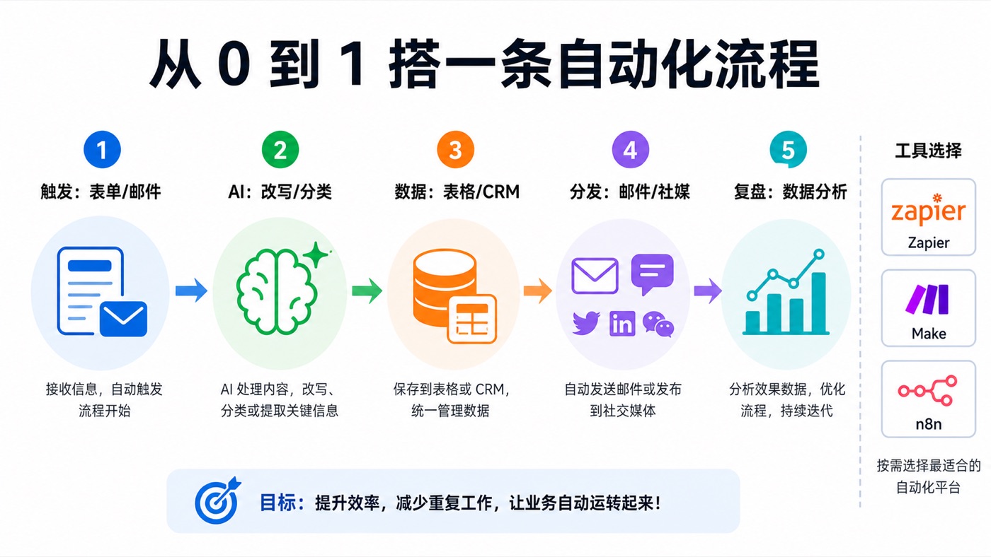 从表单触发到 AI 处理、数据保存、邮件分发和数据复盘的自动化流程图
