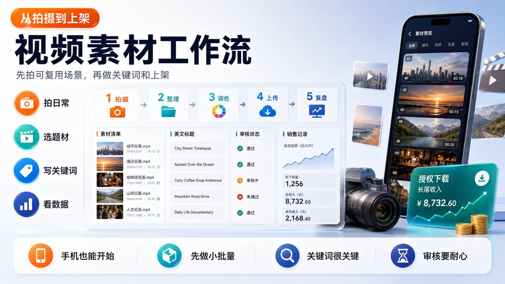 视频素材从拍摄到整理调色上传和复盘的工作流海报