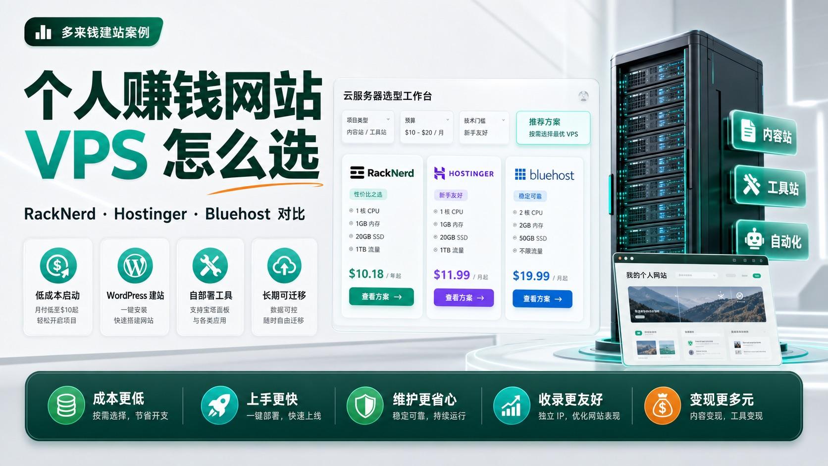搭建个人赚钱网站 VPS 怎么选：RackNerd、Hostinger、Bluehost 对比