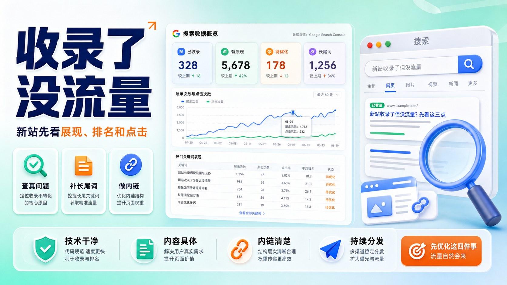 新站为什么 Google 收录了也没流量：展现、排名和点击的诊断流程