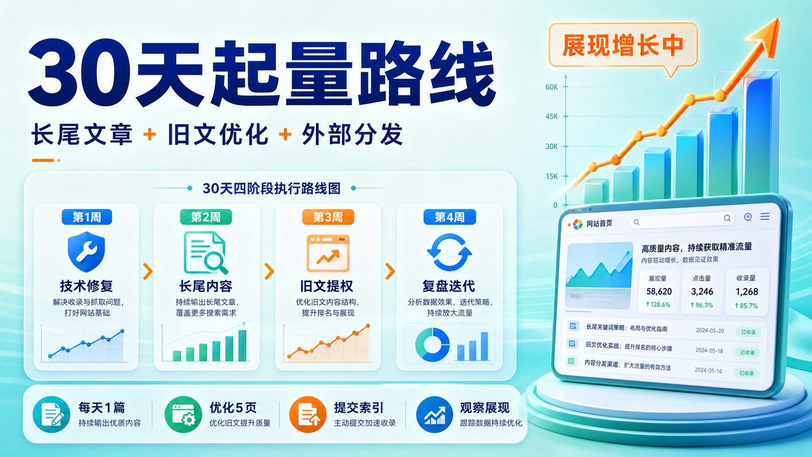 新站 30 天起量路线图，包含技术修复、长尾内容、旧文提权和复盘迭代