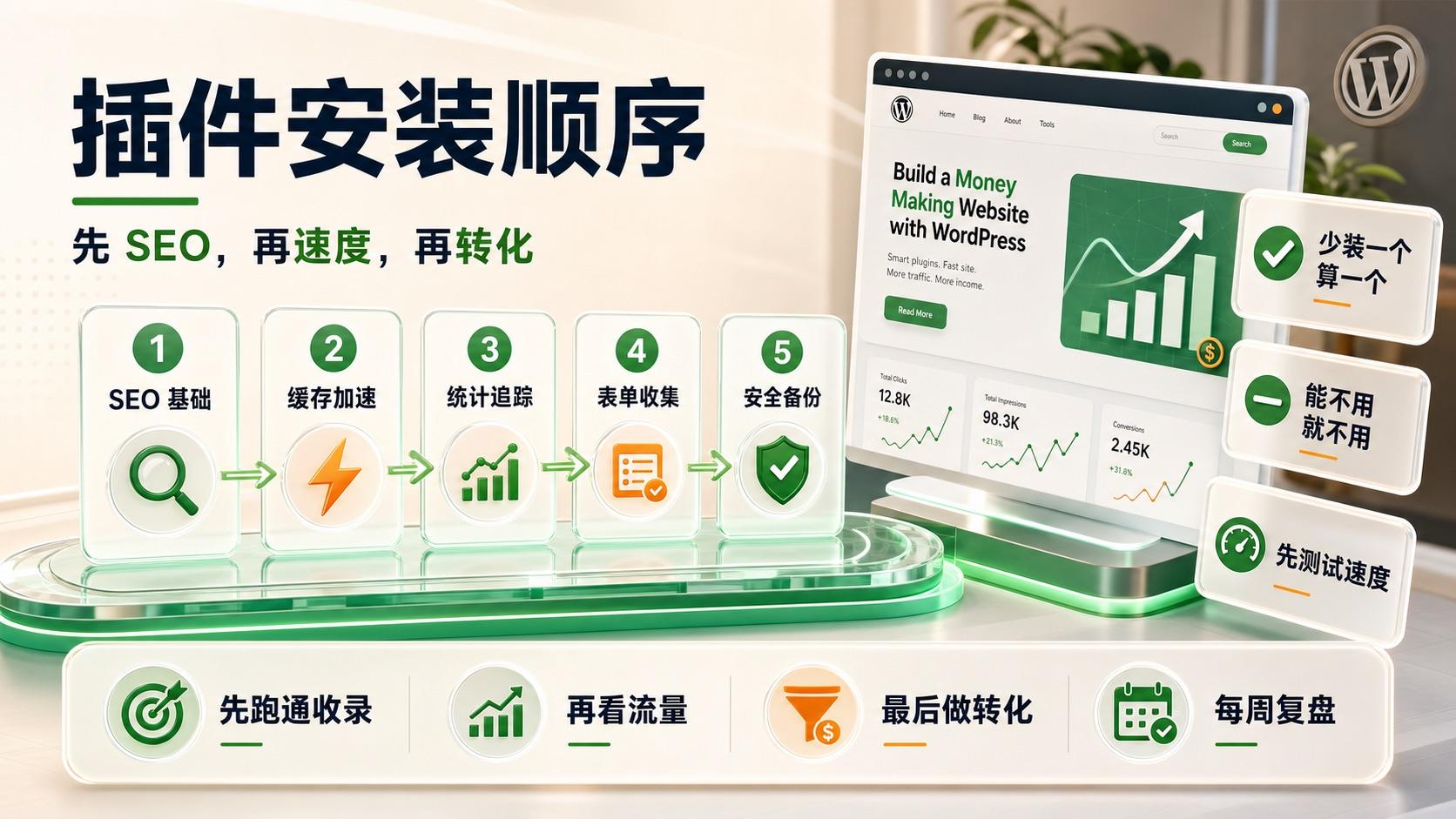 WordPress 赚钱网站插件安装顺序流程图