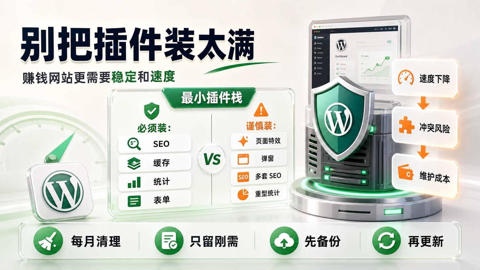 WordPress 插件太多的风险和最小插件栈海报