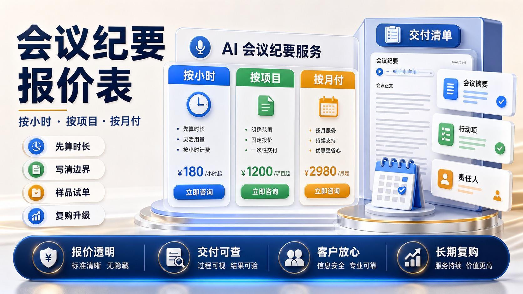 AI 会议纪要服务报价表：按小时、按项目还是按月付